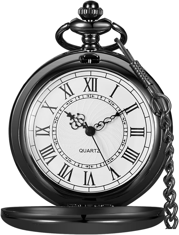 Alwesam Smooth Pocket Watch Alloy Steel Quartz Roman Numerals with 37cm Chain for Father's Day Xmas Best Gifts