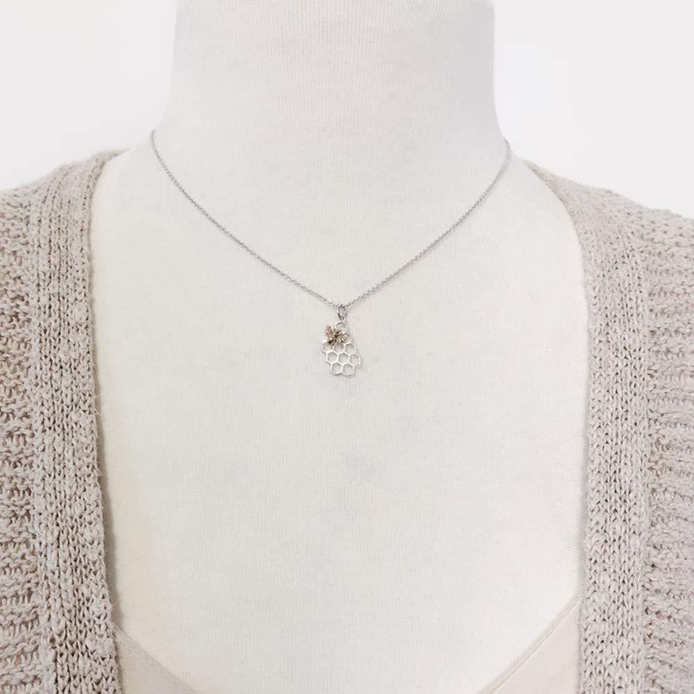 Sterling Silver Honeycomb Charm with Bronze Bee Necklace, 18"