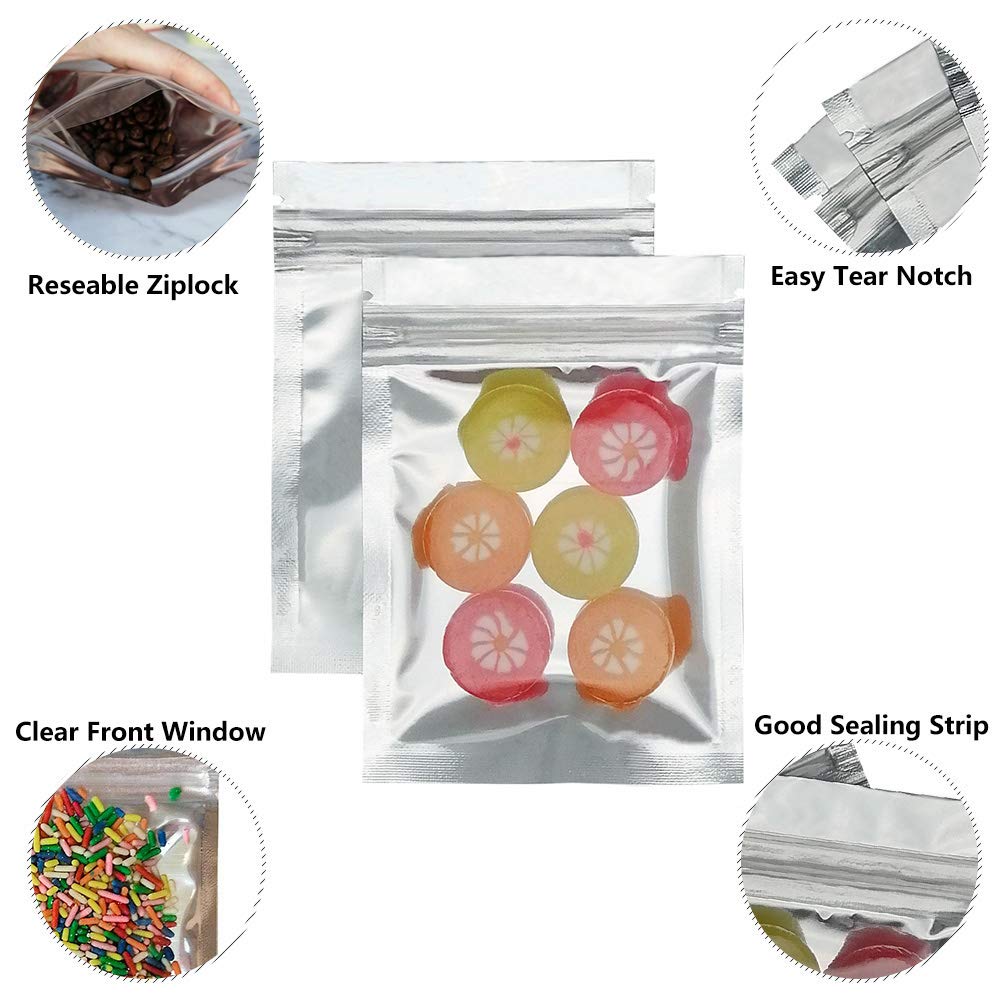 Paquete de 100 bolsas de Mylar resellables, bolsas planas de 4 x 6 pulgadas con cierre de cremallera, bolsa de embalaje de almacenamiento de alimentos, bolsas de papel de aluminio plateado 4
