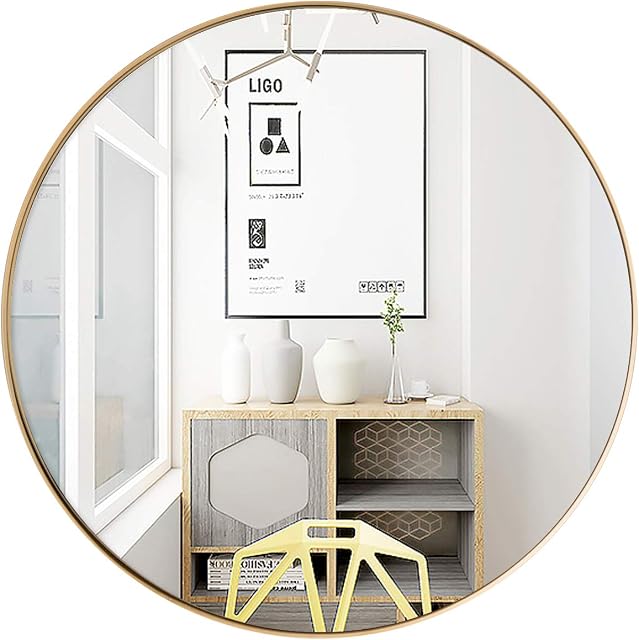 COSTWAY 40cm/60cm/70cm Large Round Wall Mirror, Metal Frame Makeup Shaving Hanging Mirrors, Wall Mounted Circle Vanity Mirror for Bathroom, Bedroom, Living Room and Entryway (Gold, 70x70cm)