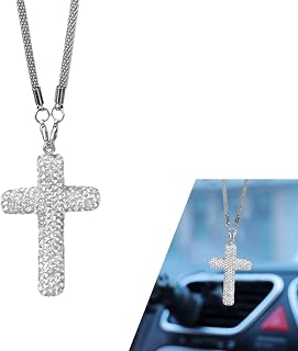 Car Cross Hanging Ornament, Bling Rear View Mirror Pendant, Rhinestone Automotive Rearview Mirror Hanging Accessories, Universal Car Interior Accessories (Silver)