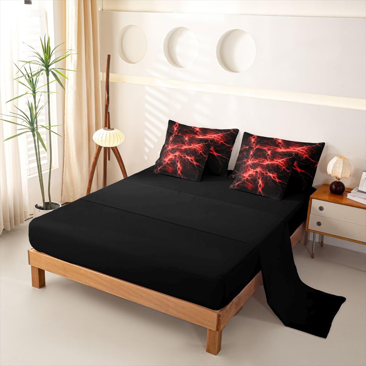 Loussiesd Juego de ropa de cama de 7 piezas con funda de edredón para cama de matrimonio de 7 piezas, color rojo y negro, decoración de habitación, geométrico, suave, ligero, microfibra para niños y