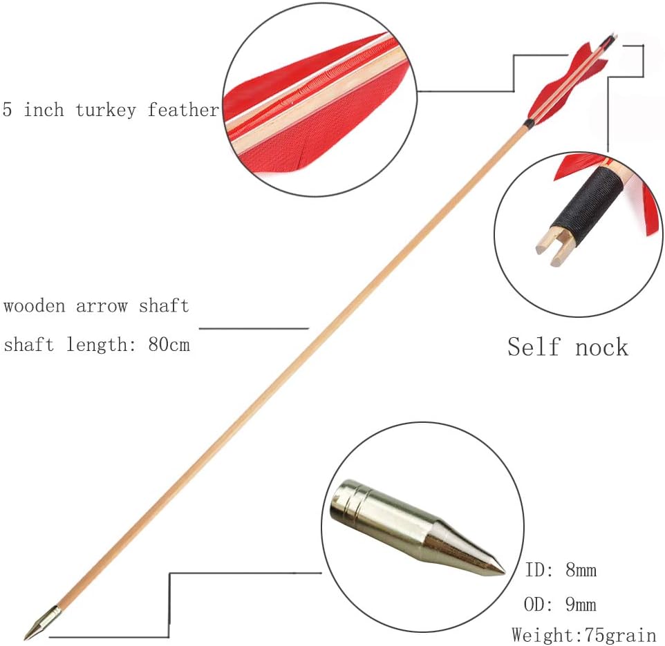 ZSHJGJR 6/12pcs Archery 31.5 Inch Traditional Wooden Arrows Turkey Feather Fletching Wooden Arrows Hunting Target Practice Arrows with Broadheads for Recurve Longbow