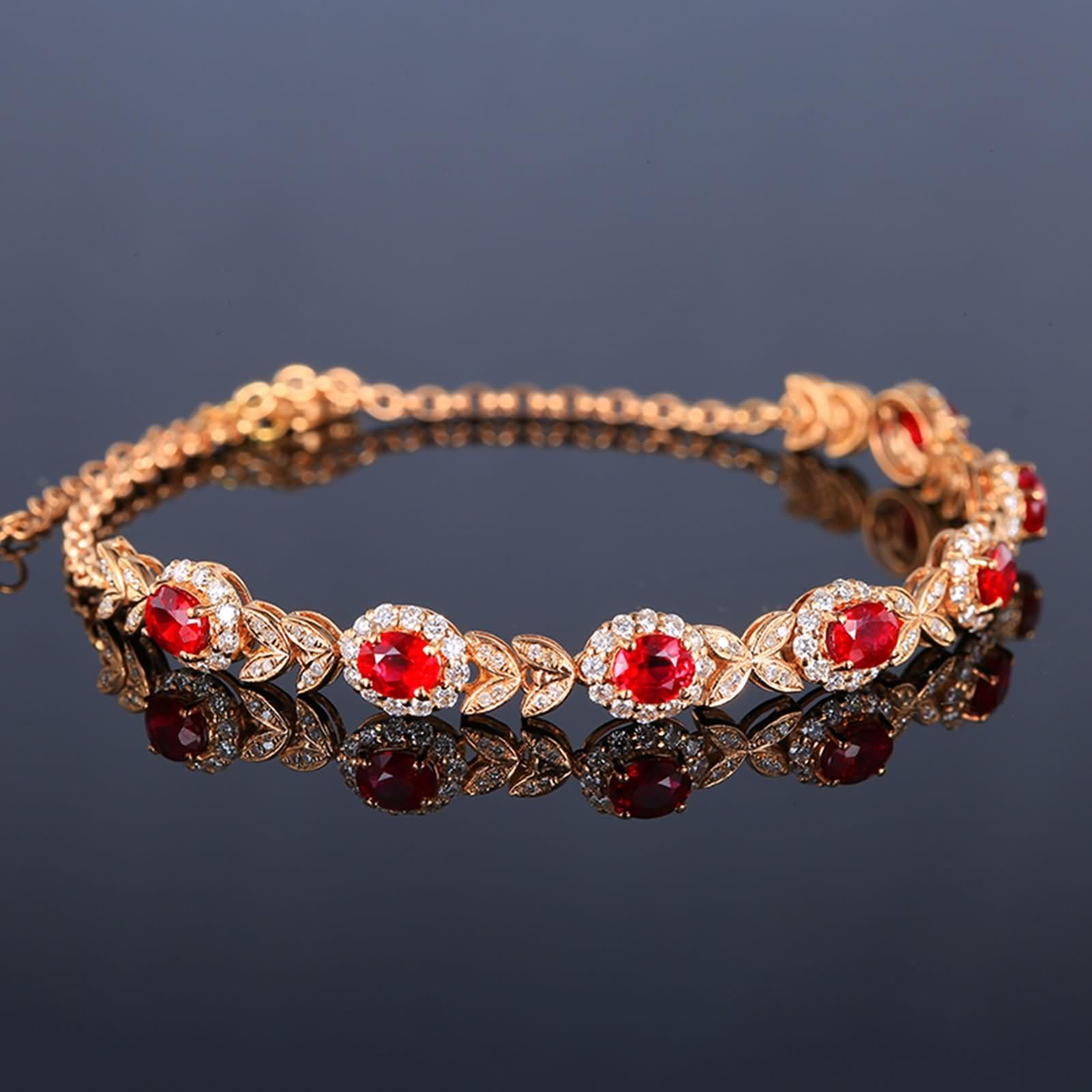 Pulseras de Mujer Oro Rosa 9 Kilates / 14 Kilates / 18 Kilates, Oval con Rubí Creado de 2.6ct y Moissanita, Cadena Extensible 16 CM + 5 CM, Pulseras de Mujer Ajustable de Oro Rosa