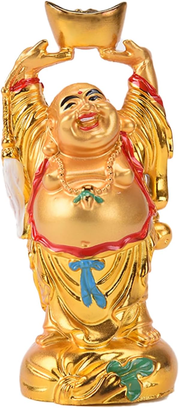 BRABUD Resin Feng Shui Golden Laughing Buddha Holding Ingot Statue Wealth Luck Home Office Decor Collectible Gift 4.7'' TQZDBS014