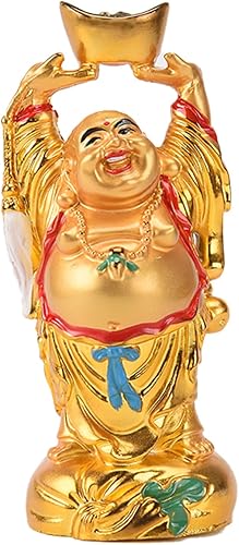 BRABUD Resina Feng Shui Golden Laughing Buddha sosteniendo lingote estatua riqueza suerte decoración de oficina en casa regalo coleccionable 4.7 ''