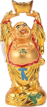 BRABUD Resin Feng Shui Golden Laughing Buddha Holding Ingot Statue Wealth Luck Home Office Decor Collectible Gift 4.7 TQZDBS014