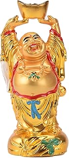 BRABUD Resin Feng Shui Golden Laughing Buddha Holding Ingot Statue Wealth Luck Home Office Decor Collectible Gift 4.7'' TQZDBS014