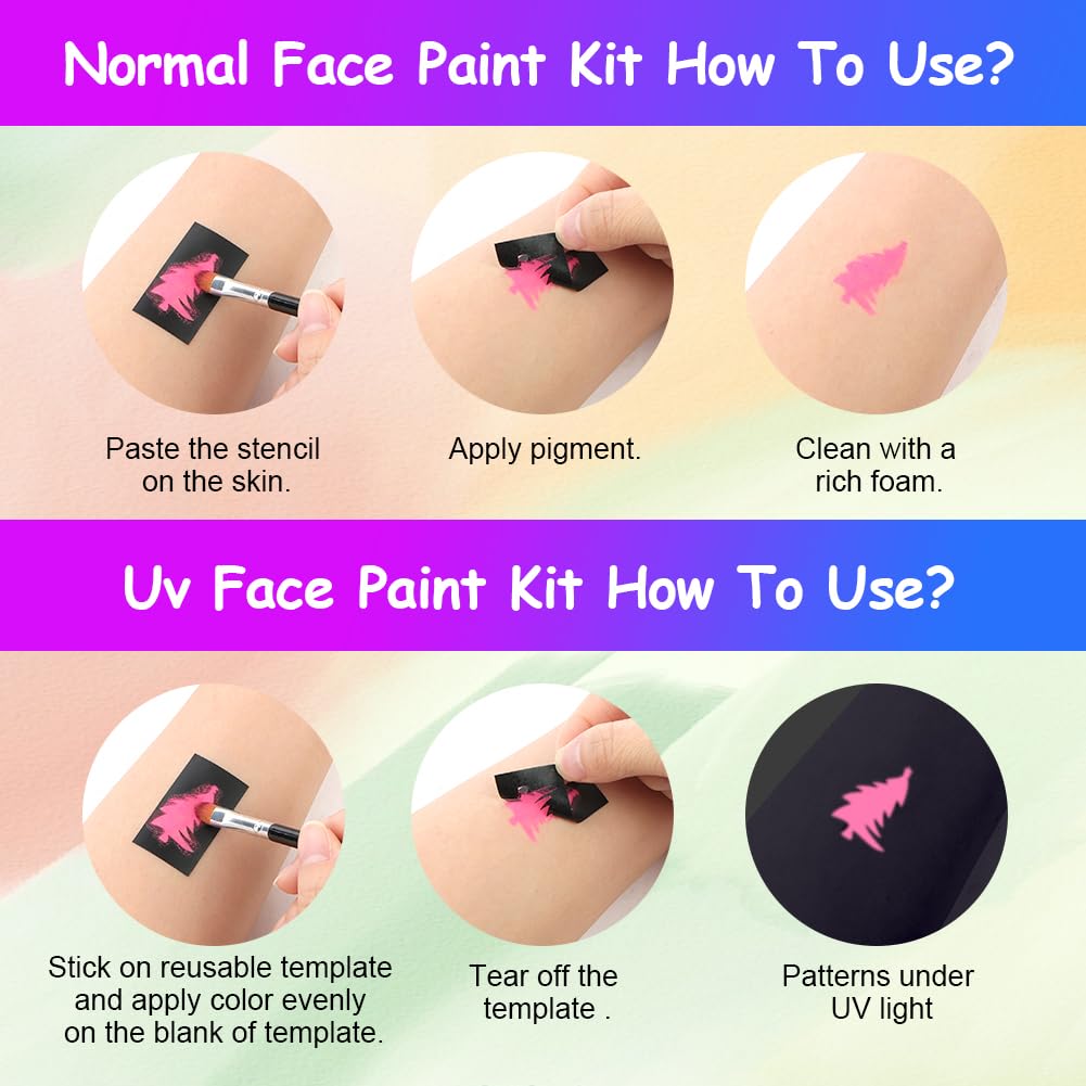 URAQT Body Painting, 30 Colori Pittura di Corpo con 4 Pennelli e 8 Stencil, Non Tossico Fluo Colori Trucco Viso a Base d'acqua, Truccabimbi Halloween per Pelle Viso Corpo, Festa, Carnevale