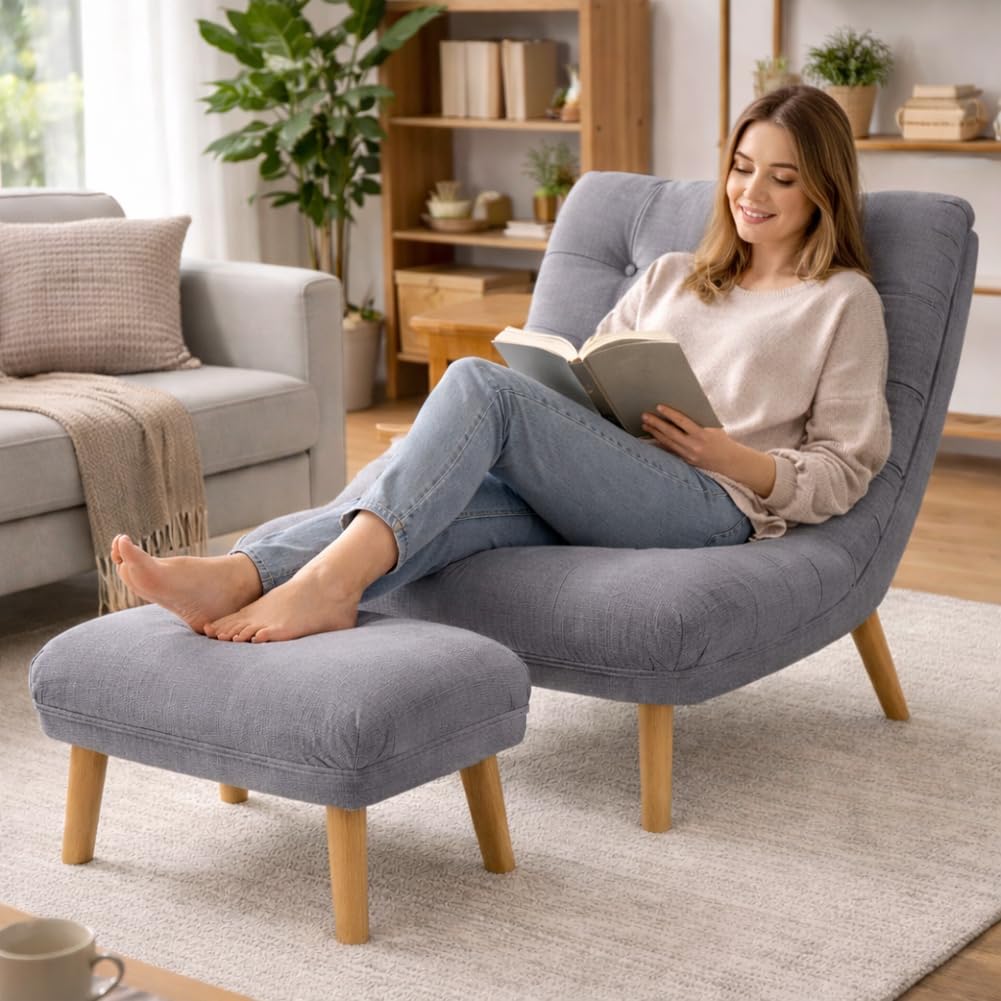 BAKAJI Poltrona Reclinabile con Poggiapiedi e Imbottitura Extra Soffice, Poltroncina e Pouf Sgabello Altissima Densità, Seduta Ergonomica e Schienale Inclinabile, Soggiorno, Camera da Letto (Grigio)