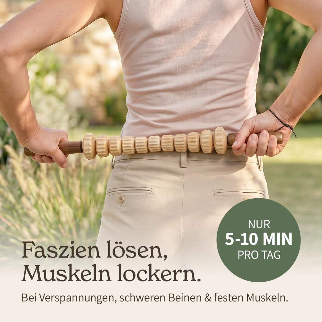 Faszienstab Woodstick FLEX mit GERILLTEN Massage-Elementen [DAS ORIGINAL aus Österreich – Echte Handarbeit] Biegsamer Faszien-Massagestab aus Holz – Faszientraining, ohne Rollen am Boden