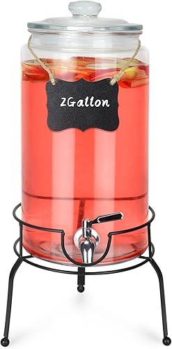 Miniatura 9 de Dispensador de bebidas de 1 galón, paquete de 2, dispensador de bebidas de espita de acero inoxidable para fiestas con soporte, recipiente de vidrio