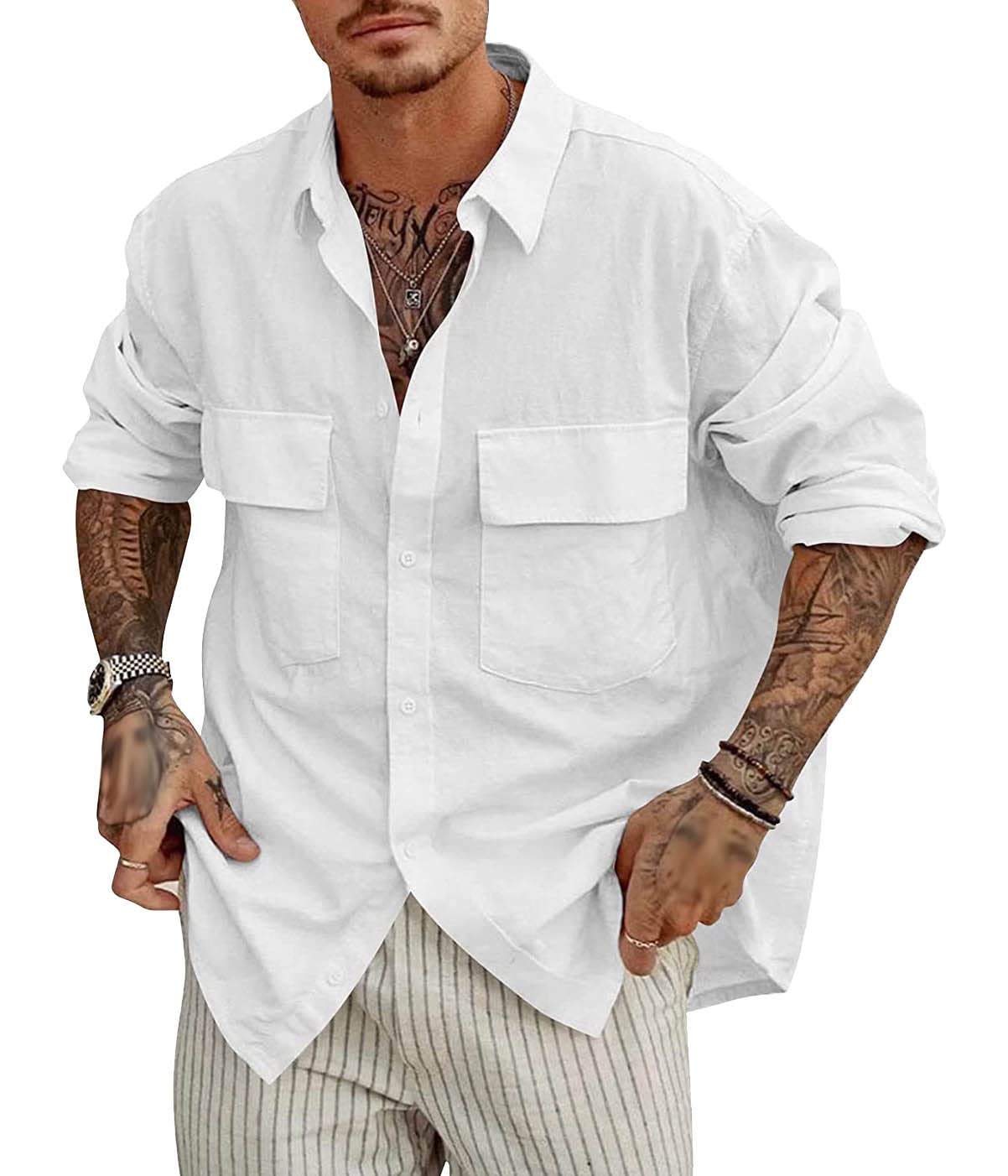 Tomwell Camisa para Hombre Suelta Manga Larga Camisa Lino Playa Casual para Hombre Color sólido con Botones T-Shirt Camisa Blusa Retro Henley Camisas