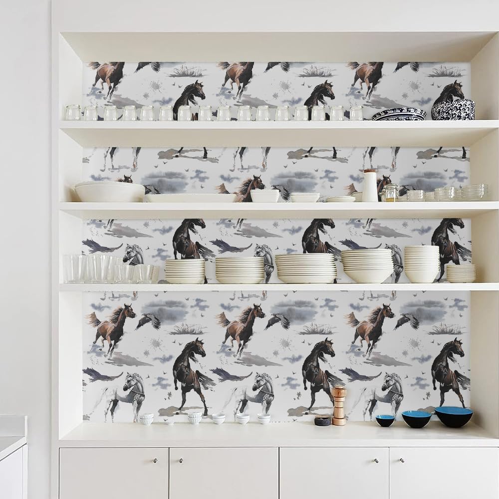 White/Black/Grey Horses Animal Watercolor Abstract Art Peel and Stick Wallpaper Easy Peel Off Contact Paper Stick on Adhesive Wall Paper for Bathroom Waterproof Renter Friendly