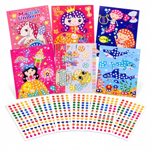 Image of PLUSPOINT Dot Sticker Art Kit for Kids, 6 Cartoon Cardboard Boards & 6 Color Sticker Sheets, DIY Mosaic Sticker Craft Activity Set, Fine Motor Skills Learning Toy, Birthday Gift for Kids Age 3+ Years