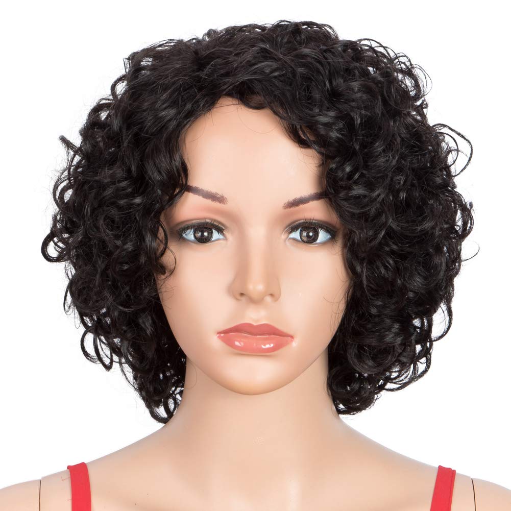 Spotlight Short Wavy Wigs Human Hair for Black Women Natural Black Short Curly Wave Human Hair Bob Wigs Natural Looking (Natural Black, 1B Color)