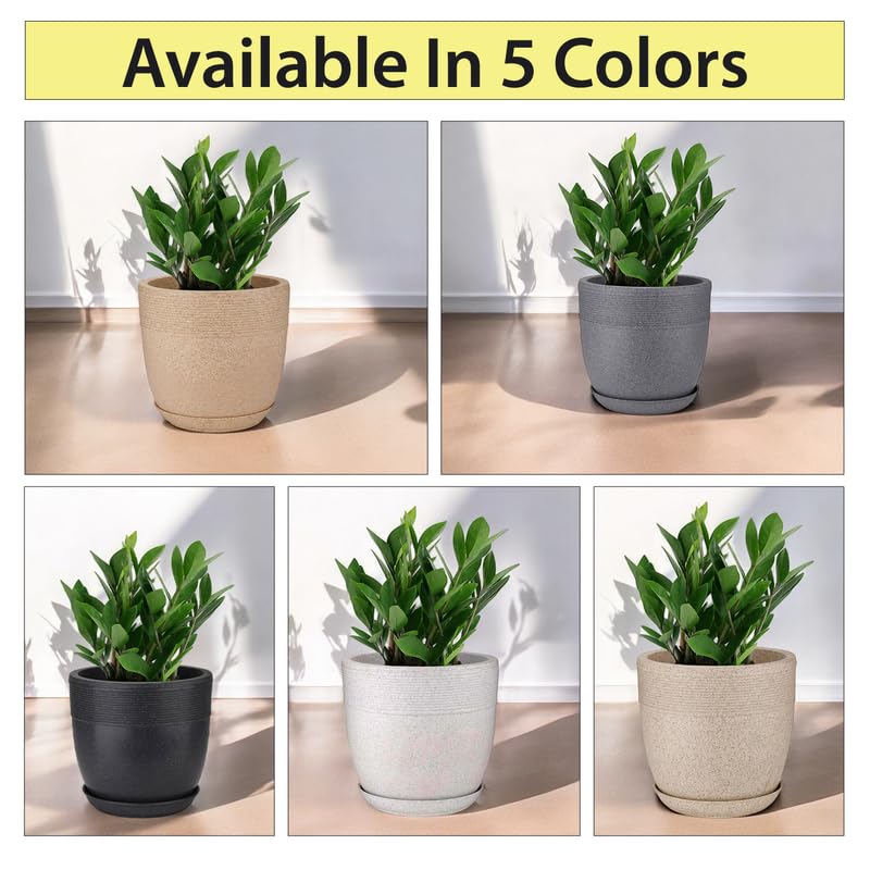 Image of GARDENS NEED Stylish 10-Inch (25.4cm) Grey Granite Marble Look Roto Moulded Plastic Flower Pot with Drainage Hole and Bottom Tray for Indoor and Outdoor Use