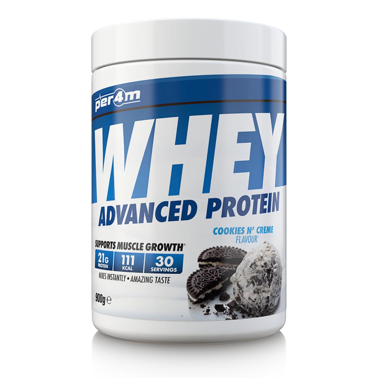per4mProtein Whey Powder | 30 Servings of High Protein Shake with Amino Acids | for Optimal Nutrition When Training | Low Sugar Gym Supplements (900g, Cookies & Cream)