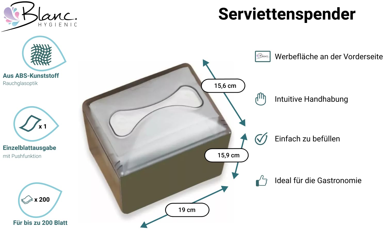 Serviettenspender Value m. Werbefläche Rauchglas | Pushfunktion & Einzelblattausgabe, integrierte Werbefläche, bis 200 Blatt Kapazität, ABS-Kunststoff
