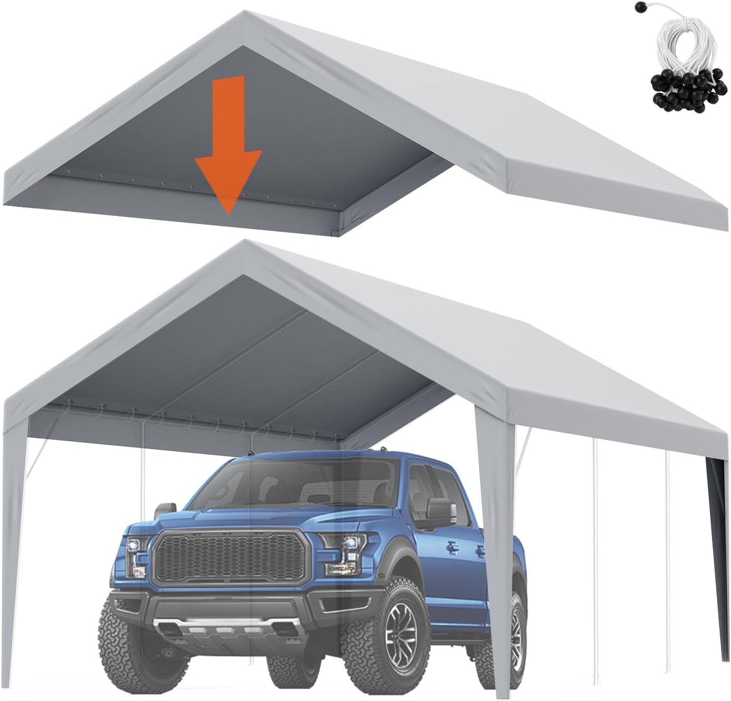 VEVOR Carport Replacement Canopy Cover 12 x 20 ft, Garage Top Tent Shelter Tarp Heavy-Duty Waterproof & UV Protected, Easy Installation with Ball Bungees,Grey (Only Top Cover, Frame Not Include)