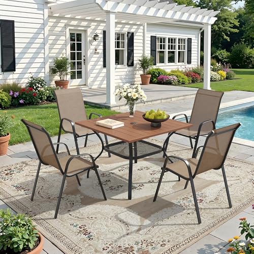 Image of DIFY Patio Chairs Set of 2, Stackable Outdoor Dining Chairs Set with Breathable Textilene High Back and All-Weather Metal Frame for Garden, Backyard, Deck, Brwon