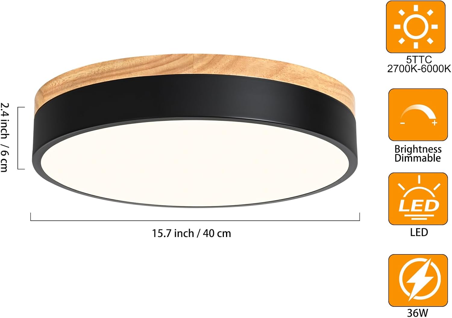 Yiisem Dimmable Wood LED Flush Mount Ceiling Light, 5CCT 2700K-6000K Modern Black Close to Ceiling Lighting Fixtures, Minimalist Round Ceiling Lamp for Living Room, Bedroom, Laundry Room