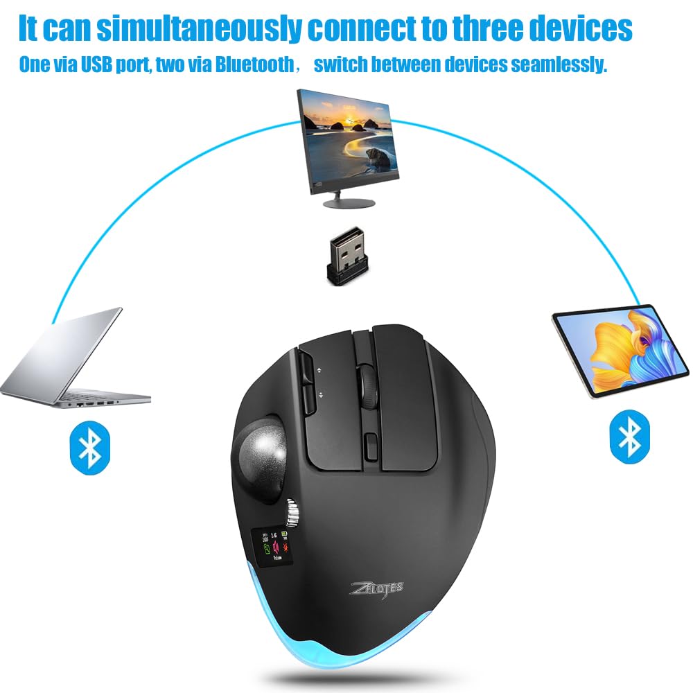 zelotes Kabellose Trackball Maus mit Display,Bluetooth,4800DPI,9 Tasten,Daumenbedienung,Wiederaufladbar, Ergonomische Design,Maus Kabellos Funkmaus für Laptop,PC,Tablets