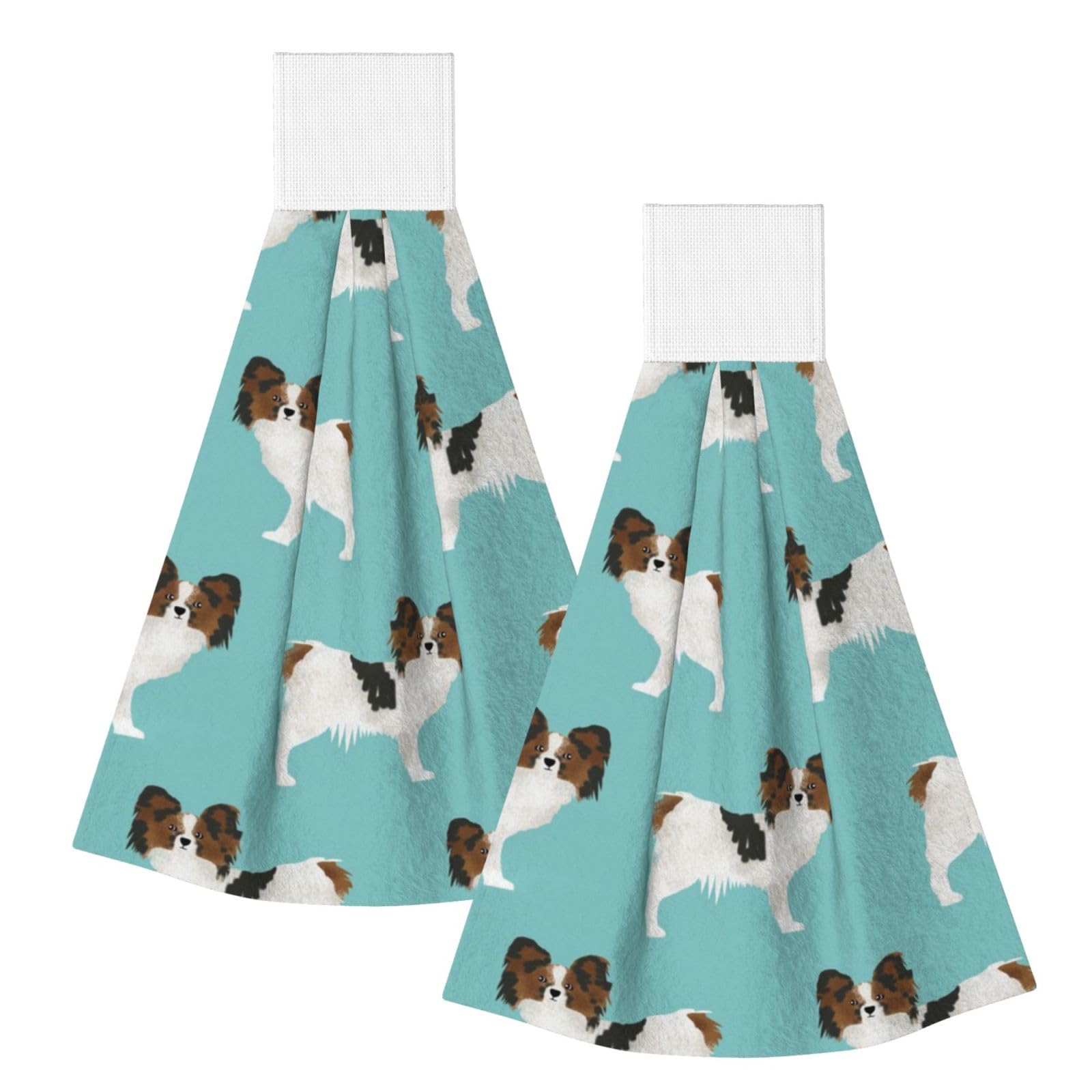 DOPKLNA Papillon Dogs Cute Toy Spaniel Dog, 2 Pcs Hanging Coral Fiber Hand Towels for Bathroom, Absorbent Kitchen Towels