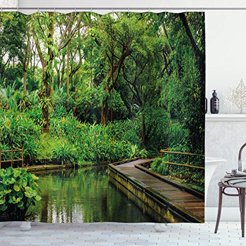 ABAKUHAUS Jungle Shower Curtain, Deep Forest with Wooden Pier and River Refreshing Exotic Nature Wild Image
