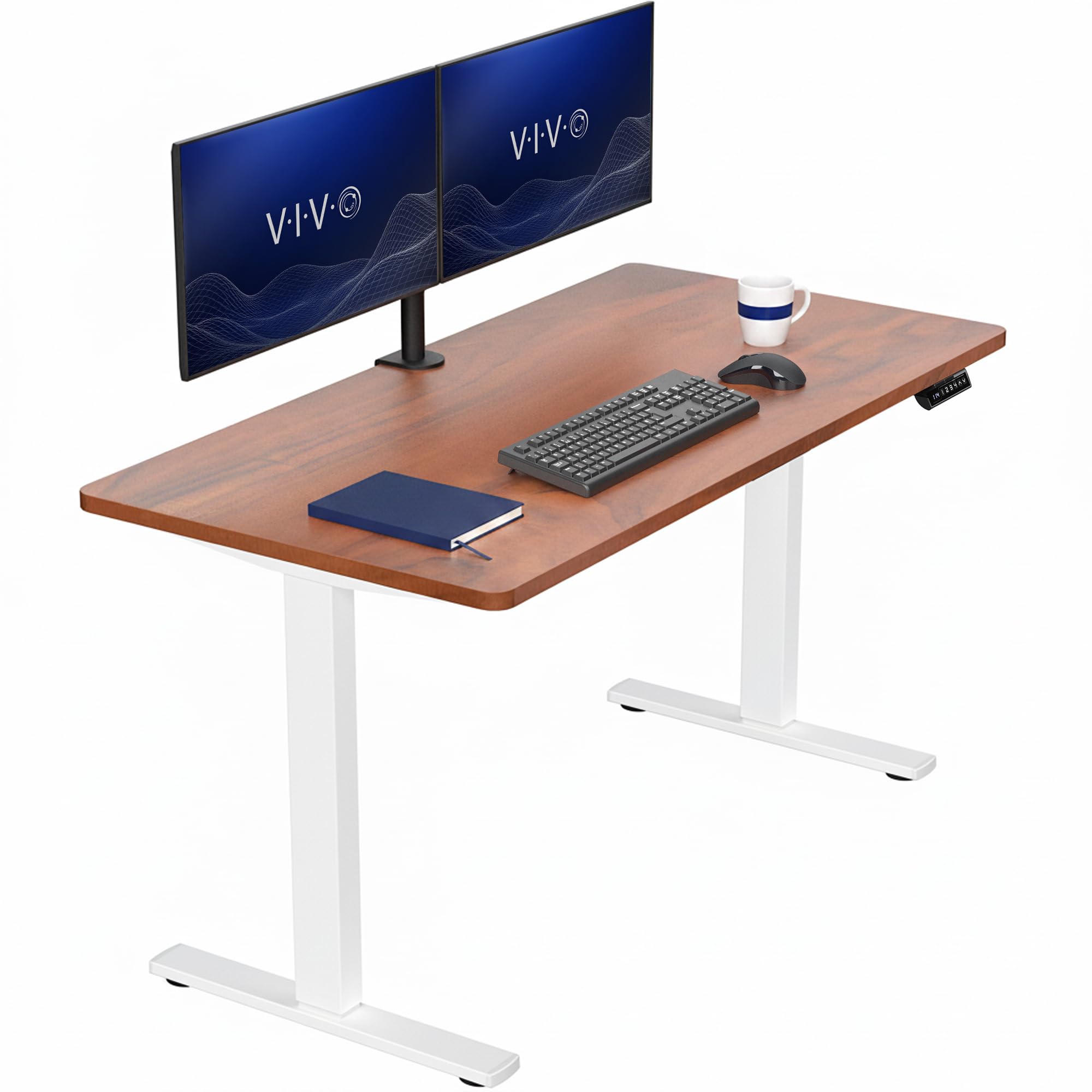 VIVO Dark Walnut 55 x 28 in Standing Desk, DESK-KIT-1W55D | Electric, Holds 220 lbs, Sit Stand, Height Adjustable, Solid One-Piece Table Top, Memory Presets, 1B Series, White Frame