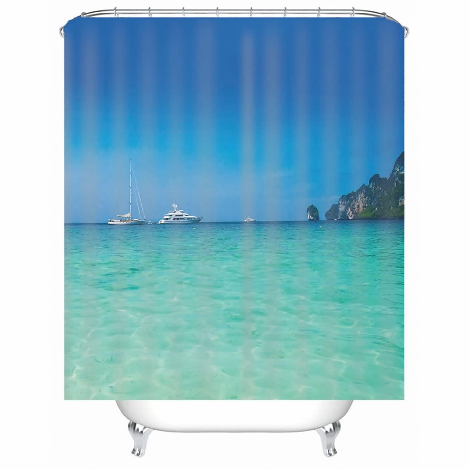 Rideau de douche textile polyester anti-moisissure bleu vert avec anneaux motif montagne ciel
