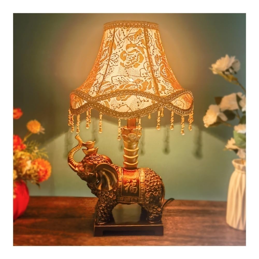LYOUAE Vintage Resin Elephant Table Lamp Rustic Retro Brown Nightstand Lamp Mid Century Bedside Lamp(B)