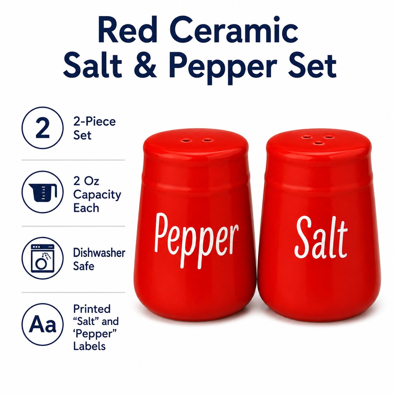 Dependable Industries - Juego de salero y pimentero de cerámica roja, capacidad de 2 onzas cada uno, impreso "Salt" y "Pepper", apto para lavavajillas