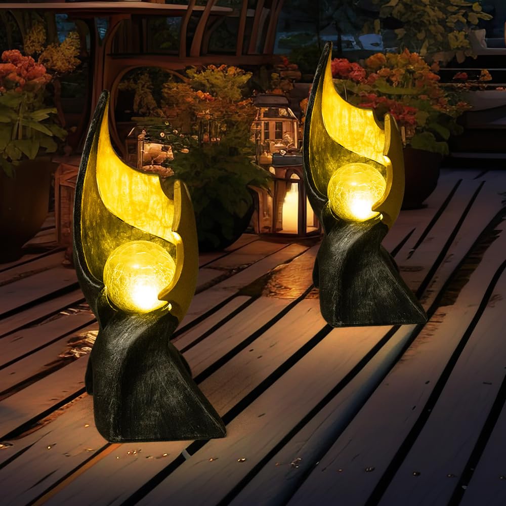 GLOBO LED Solar Flamme Solarlampen für Außen Garten Dekoration Solarleuchte mit Flammeneffekt, gold braune Skulptur mit bezauberndem Lichteffekt, 1x LED warmweiß, H 36 cm, 2er Set