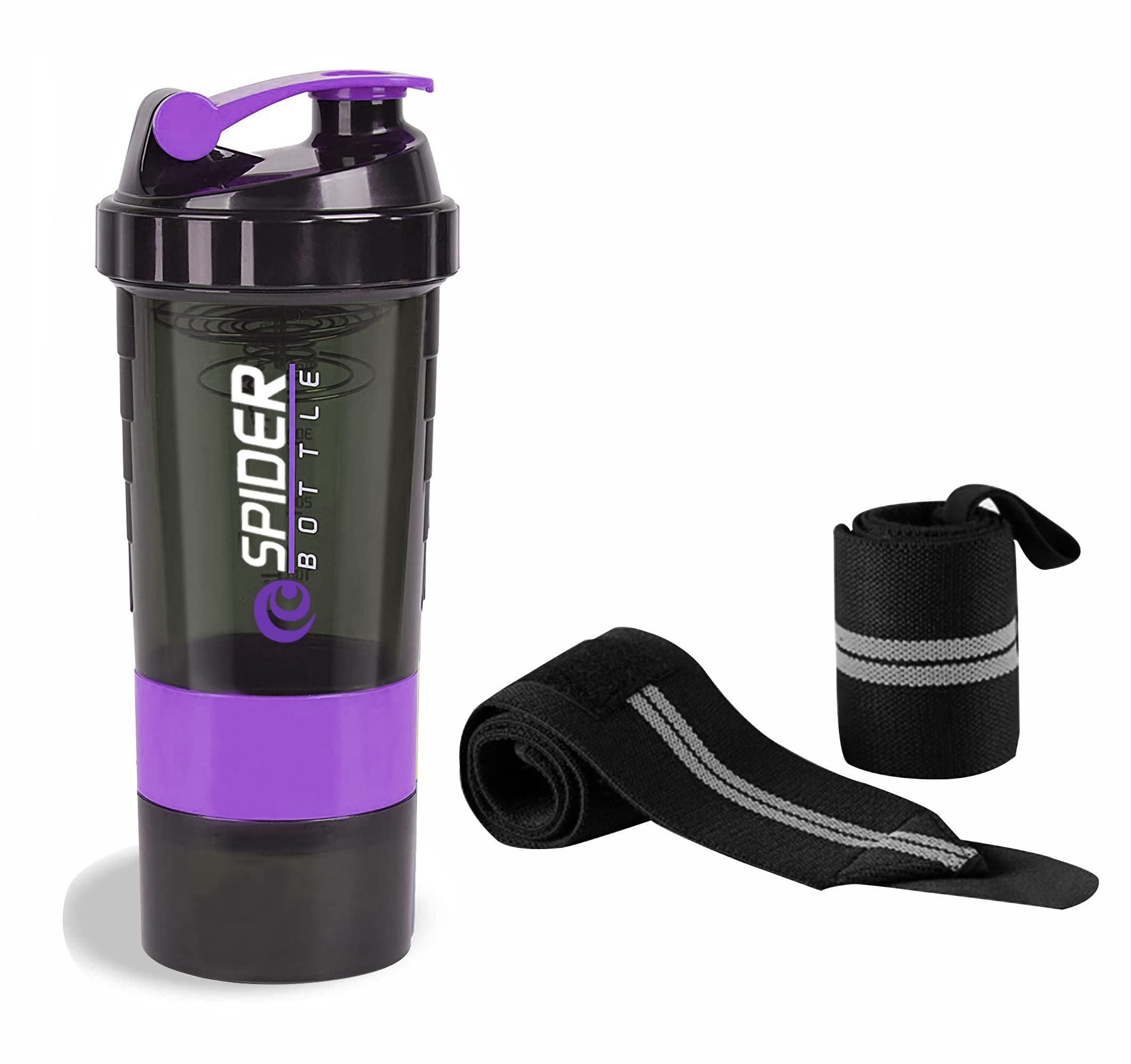 TRUE INDIAN Sports Combo Of Protein Shaker Bottle 3 Storage Compartment Leak Proof with 1 Pair of Wrist Supported Band Gym & Fitness Kit 500ml (PURPLE) (B0BC991XGS) Amazon Price History, Amazon Price Tracker