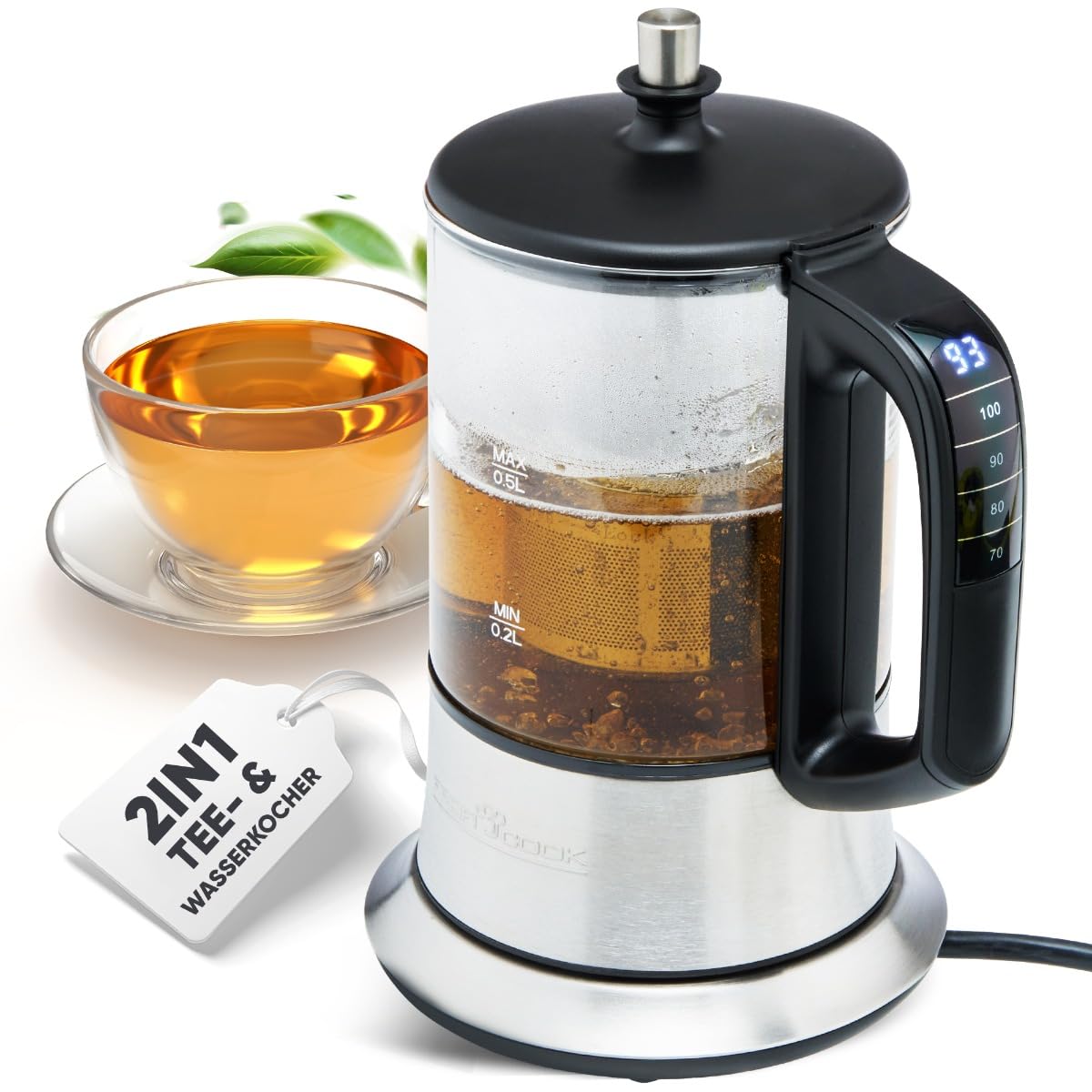 PROFI COOK PC-​TK 1165 - Bouilloire 2 en 1 - à thé et à l'eau - Commandes Tactiles - 1100 Watts - Capacité de 0,​5 Litres - Couleur Argent