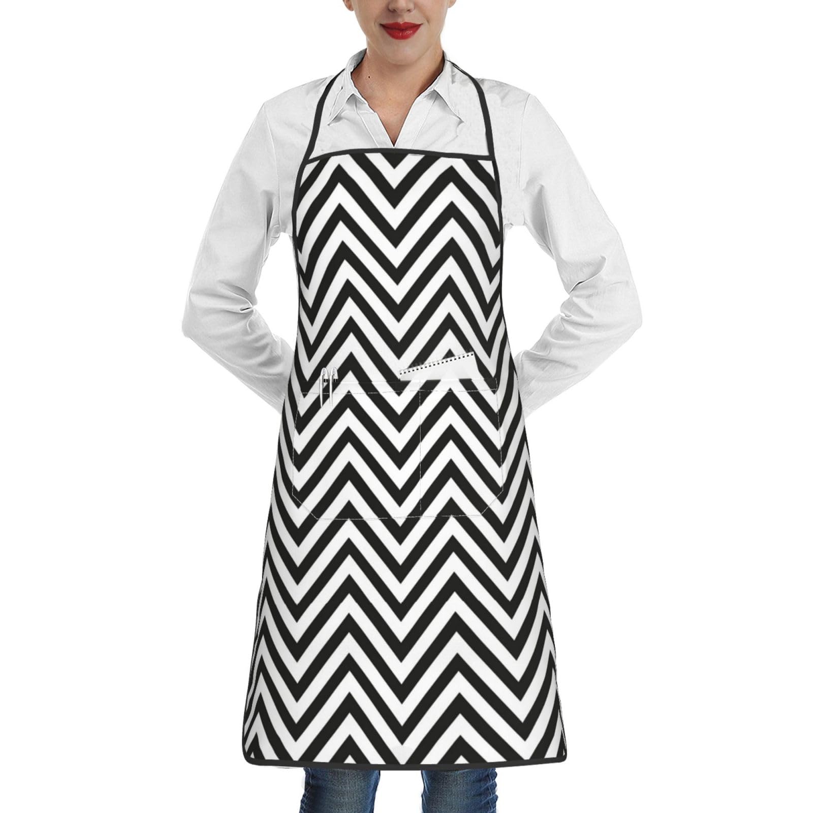 JAYWIS Zigzag Stripe Print Aprons With Pockets,Bib Apron With Adjustable Neck For Men Women,Apron For Cooking Baking Gardening,Unisex Kitchen Apron,Waitress Chef Apron