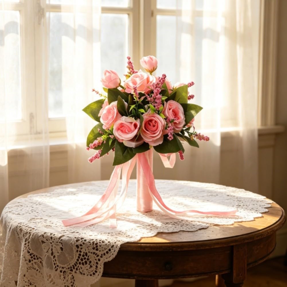 Bouquet di fiori artificiali per damigelle d'onore, rose in seta, design peonia, leggero, 22 cm, blu e viola (rosa)