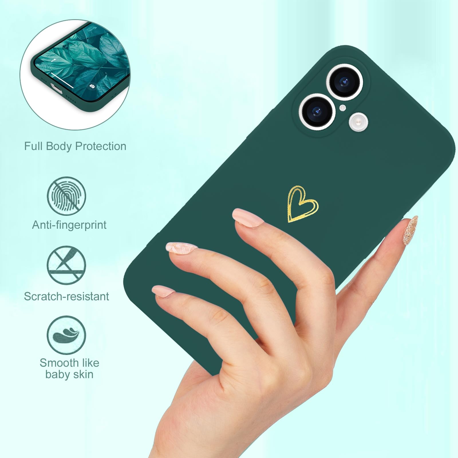 Wirvyuer for iPhone 16 Plus Case Cute Heart Pattern Soft Shockproof Protective Silicone Phone Case for Women Girls Green - Image 3