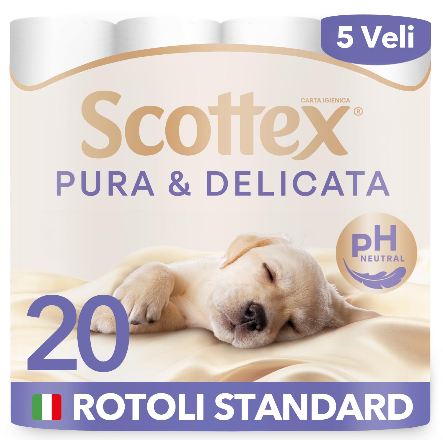 Scottex Carta Igienica Pura e Delicata, Morbida e Assorbente, 5 Veli, PH Neutro, Dermatologicamente Testata, 20 Pz