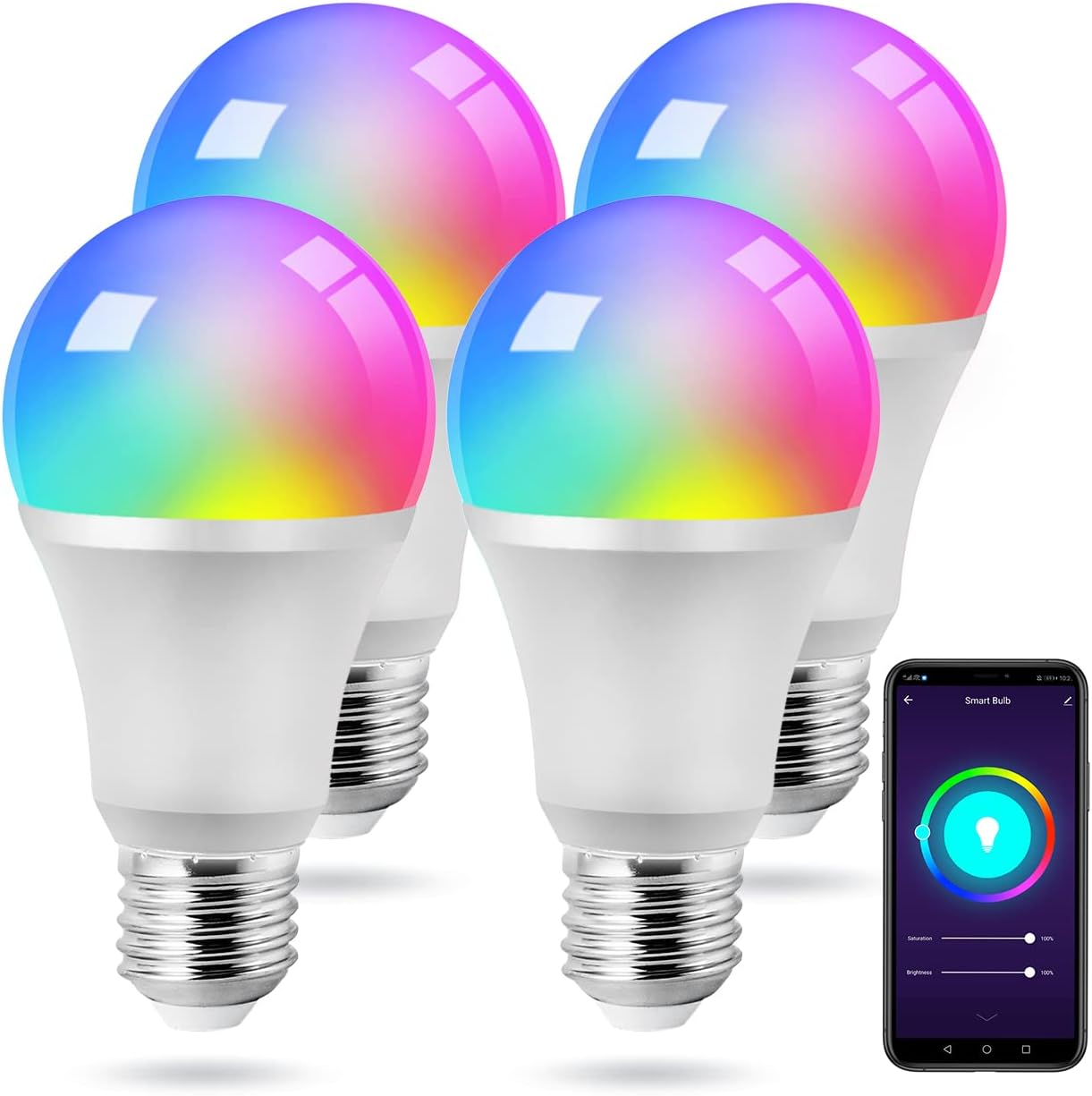 Smart Bulb E27, WiFi Led Light Bulb Works with Alexa and Google Home, Remote & Voice Control, Dimmable 9W 800LM, 2,4GHz Only, 4 Pack
