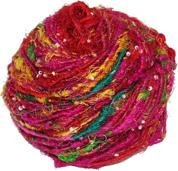 Knitsilk Recycled Sari Silk Beads Yarn - Multicolor, 80+ Yards, 100g x 1 Count | 100 Grams | Eco-Friendly Handcrafted Material for Knitting, Crochet, and & Weaving