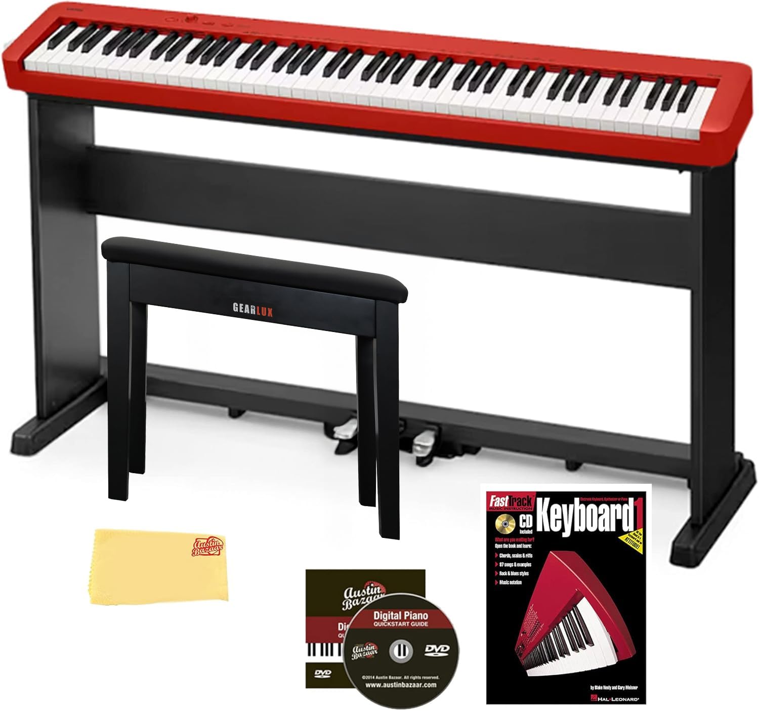 Casio CDP-S160 88-Key Compact Digital Piano - Red Bundle with Furniture Stand, CS-470P 3-Pedal System, Bench, Instructional Book, Online Lessons, Austin Bazaar Instructional DVD, and Polishing Cloth