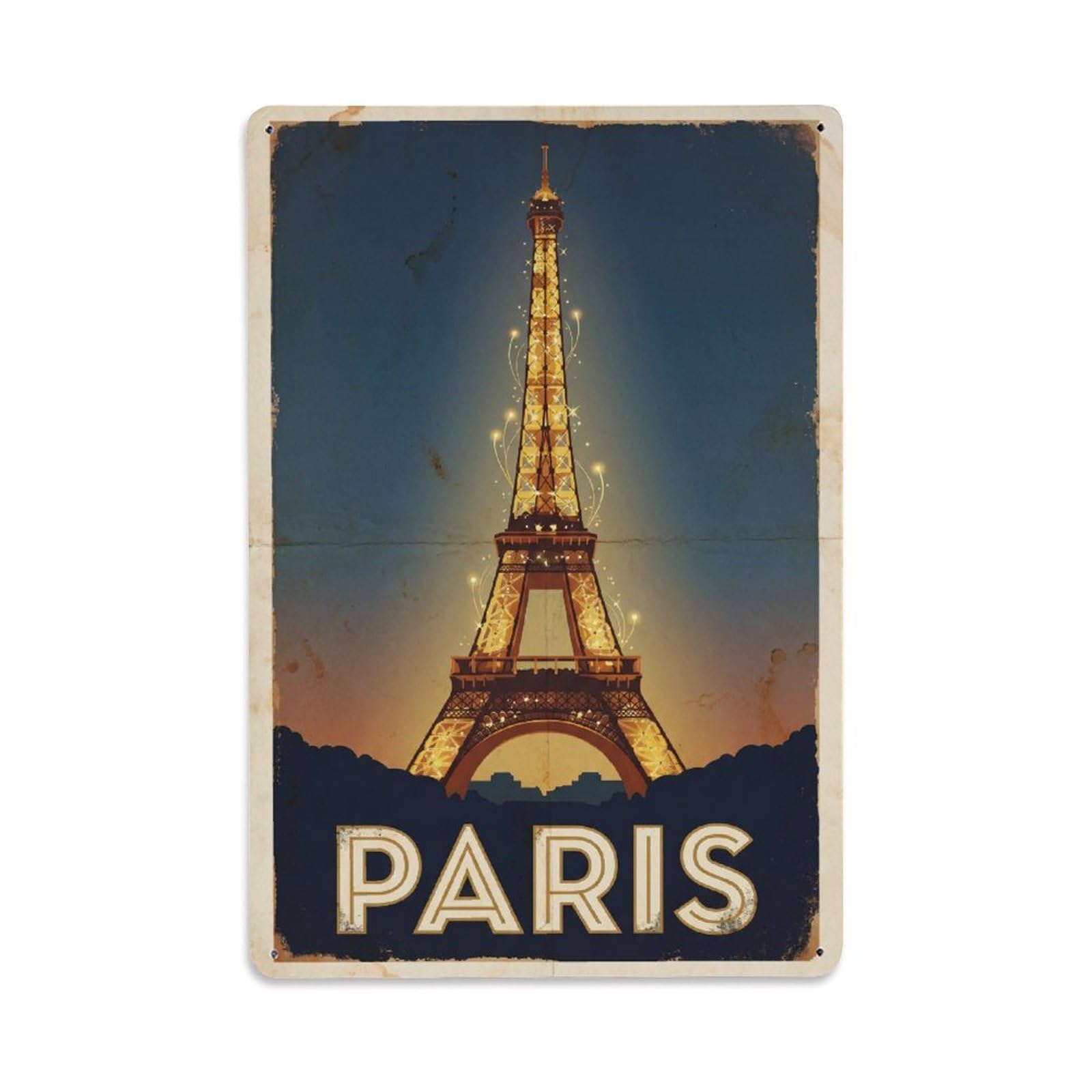 Vintage Travel Paris Eiffel Tower Night Lights Rusted France Metal Tin Sign Plaque Wall Decor for Cafe, Club Bar, Office, Home Garden Metal Poster 8x12Inch