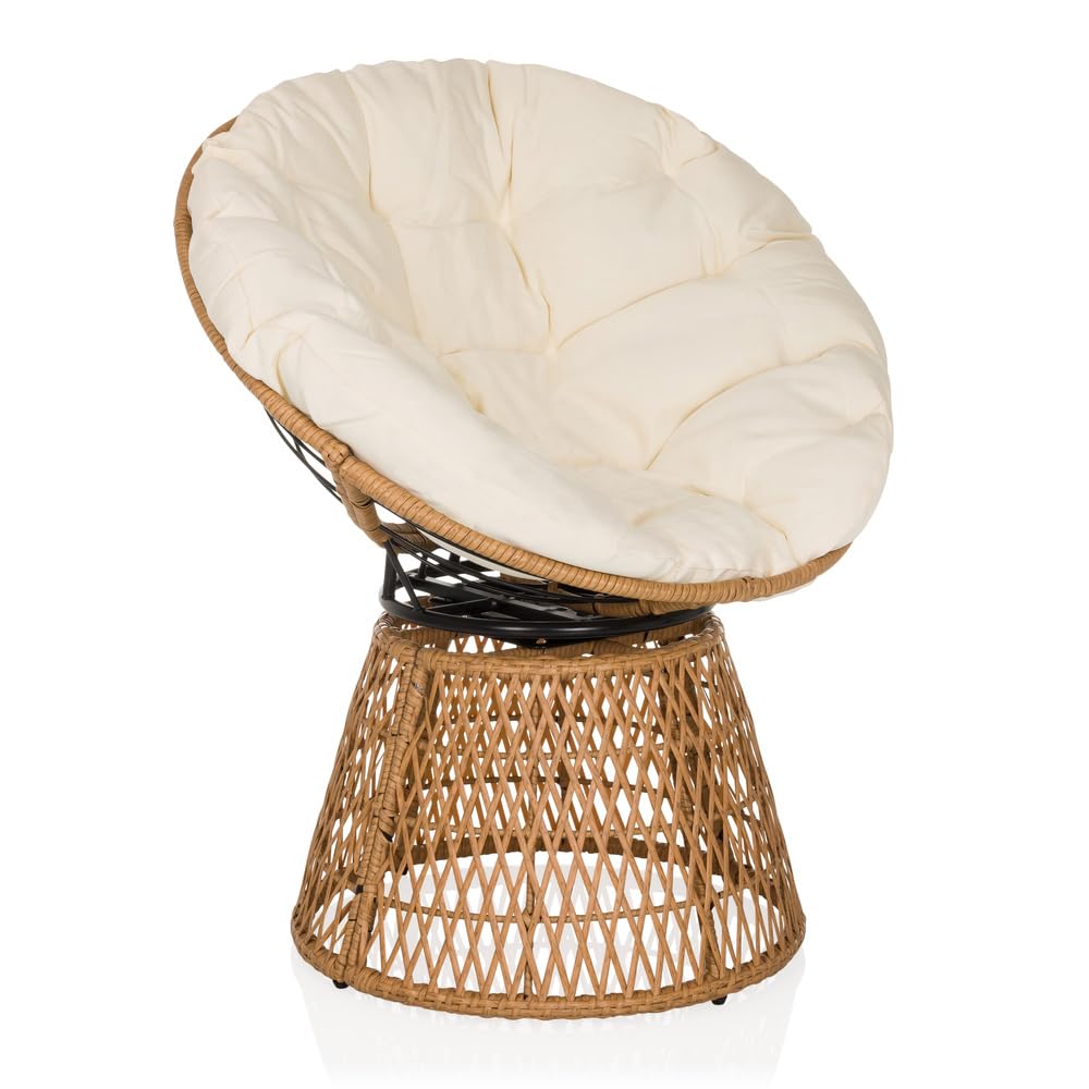 Sillón Papasan con cojín, sillón Giratorio de Exterior WEAVORA sillón de ratán Giratorio 360° para jardín balcón salón, Beige