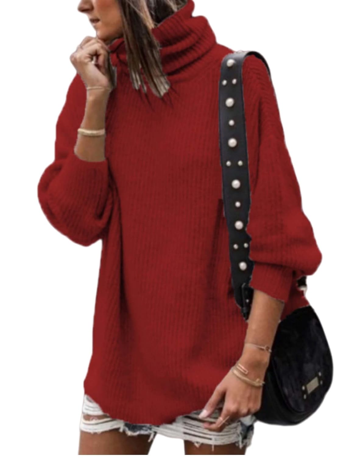 LIZALIG Womens Oversized Sweater Turtleneck Batwing Sleeve Chunky Knit Casual Fall Loose Pullover Jumper Top