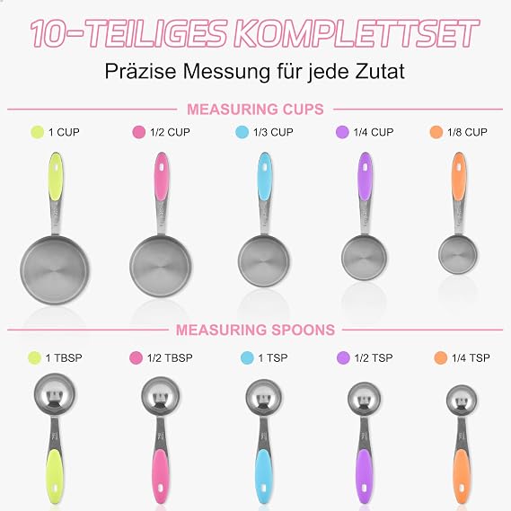10-Piece Measuring Spoon Set & Measuring Cups Made of Stainless Steel Colourful Measuring Cups & Spoons Set with 2 Rings Dishwasher Safe Baking Accessories for Kitchen & Cooking