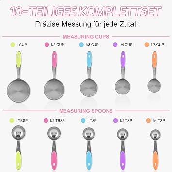10-Piece Measuring Spoon Set & Measuring Cups Made of Stainless Steel Colourful Measuring Cups & Spoons Set with 2 Rings Dishwasher Safe Baking Accessories for Kitchen & Cooking