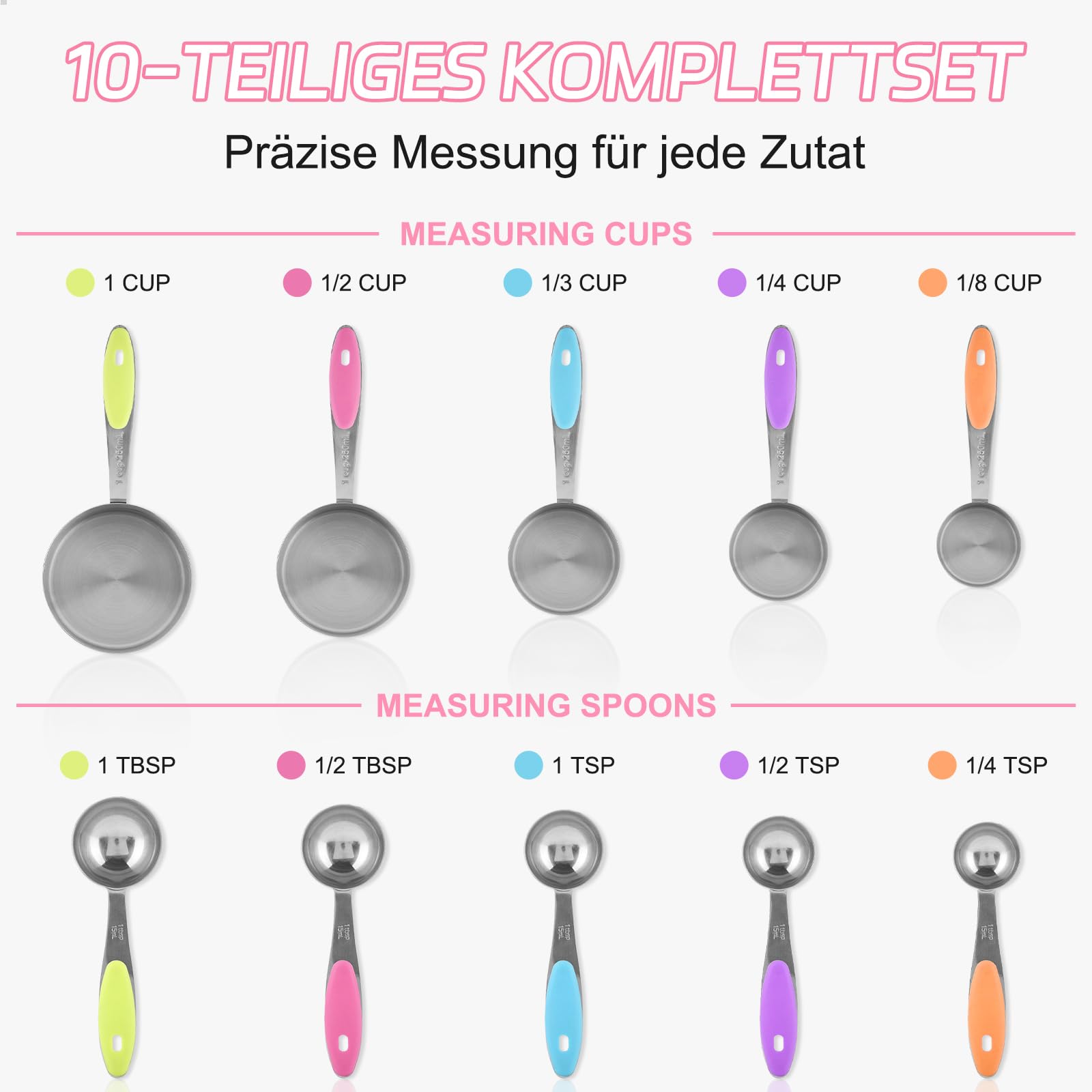 10-teiliges Messlöffel Set & Measuring Cups aus Edelstahl, bunte Messbecher & Löffel Set mit 2 Ringen, spülmaschinenfestes Backzubehör für Küche & Kochen