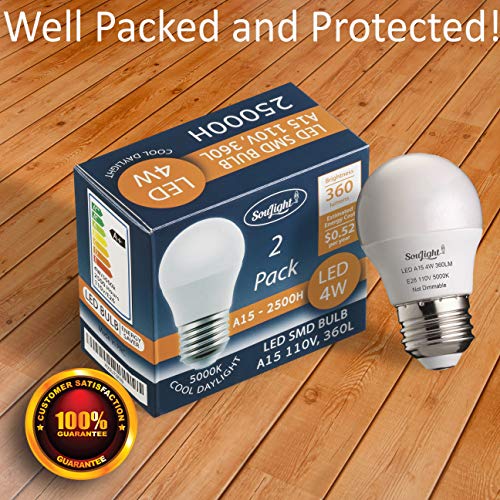 SouLight Refrigerator Light Bulb LED - SMD A15 4W 40Watt Equivalent - Waterproof E26 Base - 5000K Daylight White - 360 Lumen - Energy Saving – 4W Led Appliance Bulb - Replacement Bulbs - 2 Pack by SouLight - Image 8